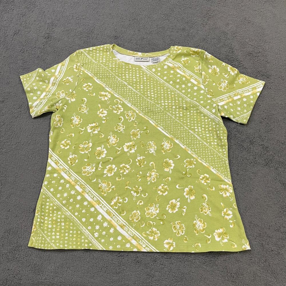White Stag Pea Print Green Bandana Floral Sleeve Cotton T-Shirt Women’s Size L